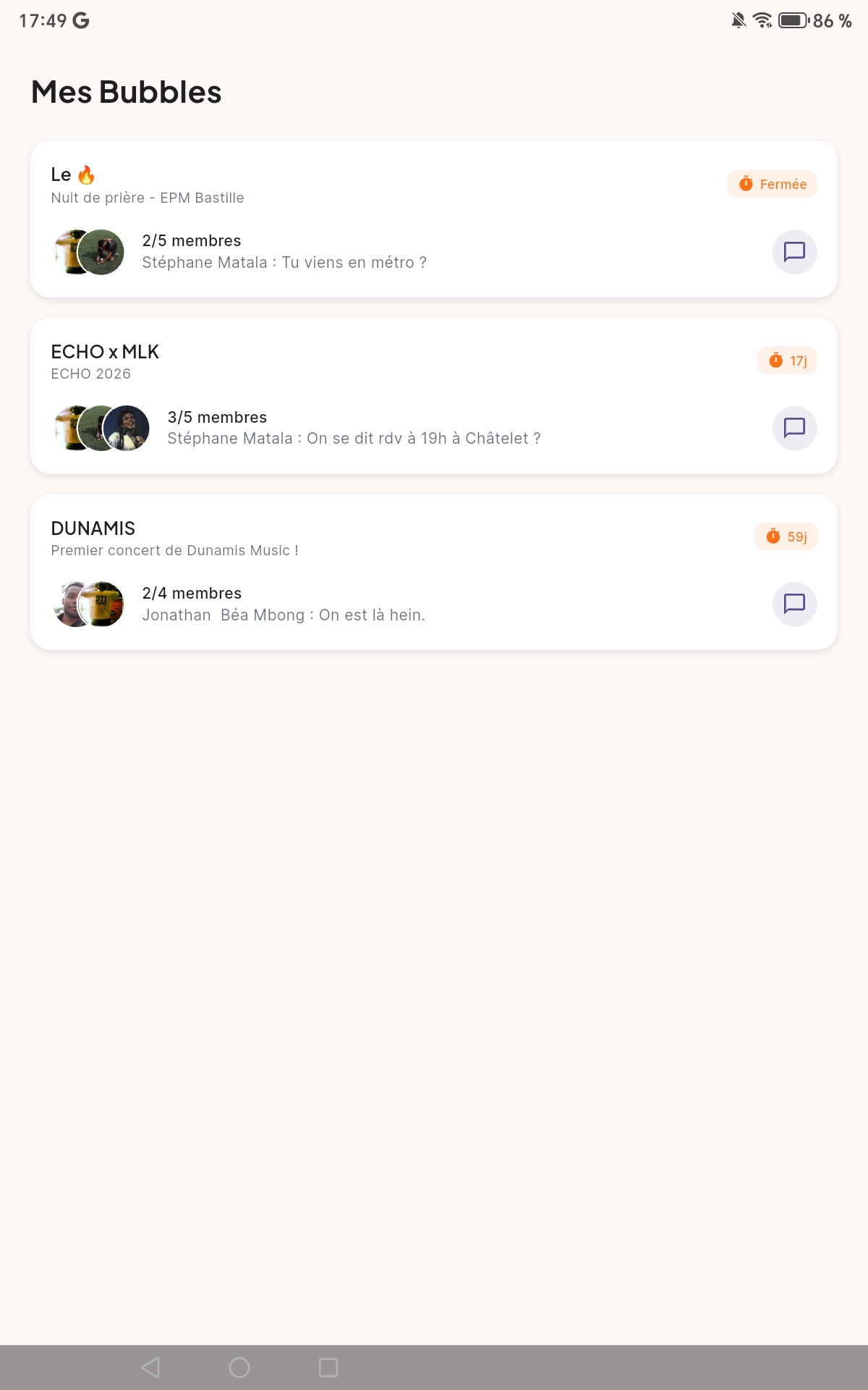 Liste des Bubbles auxquelles tu participes