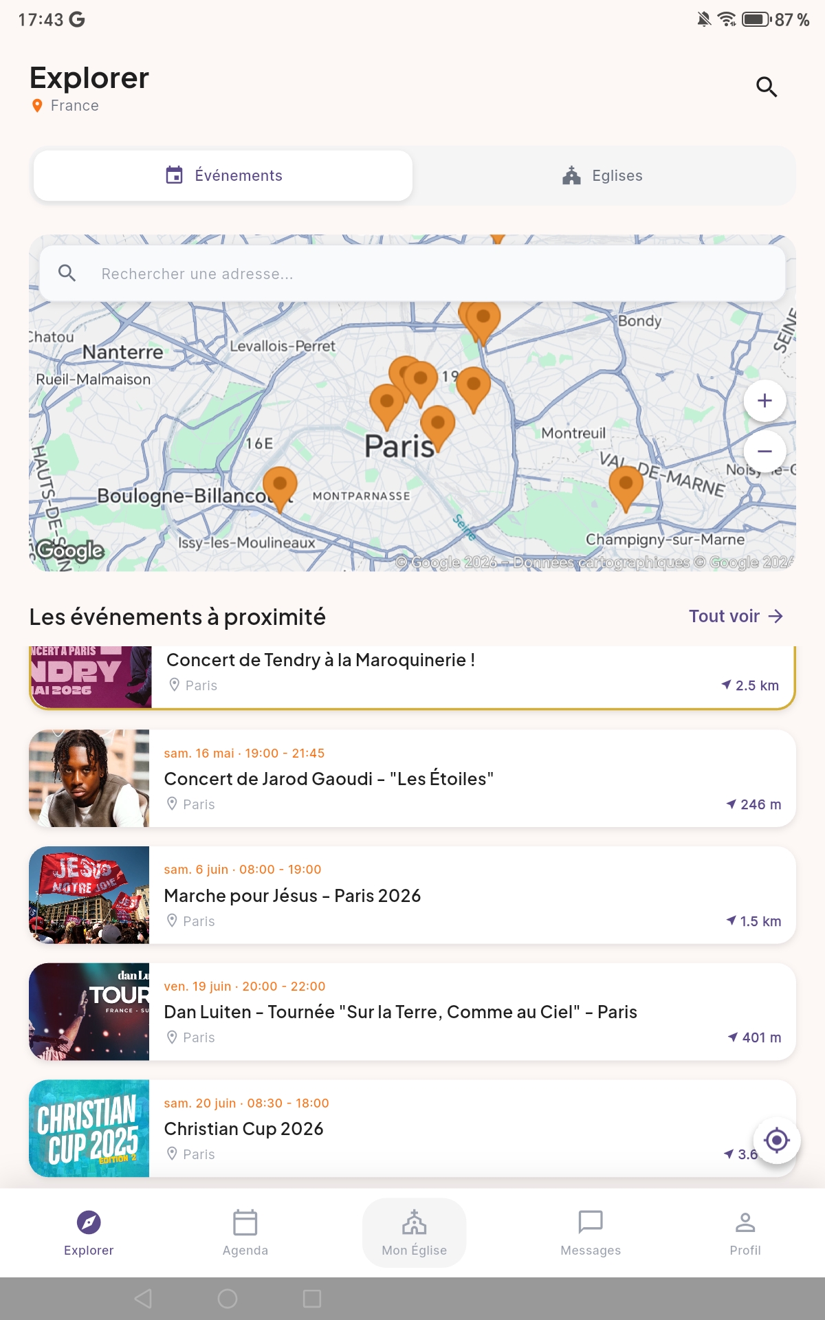 Carte Explorer HolySpot avec les événements à proximité